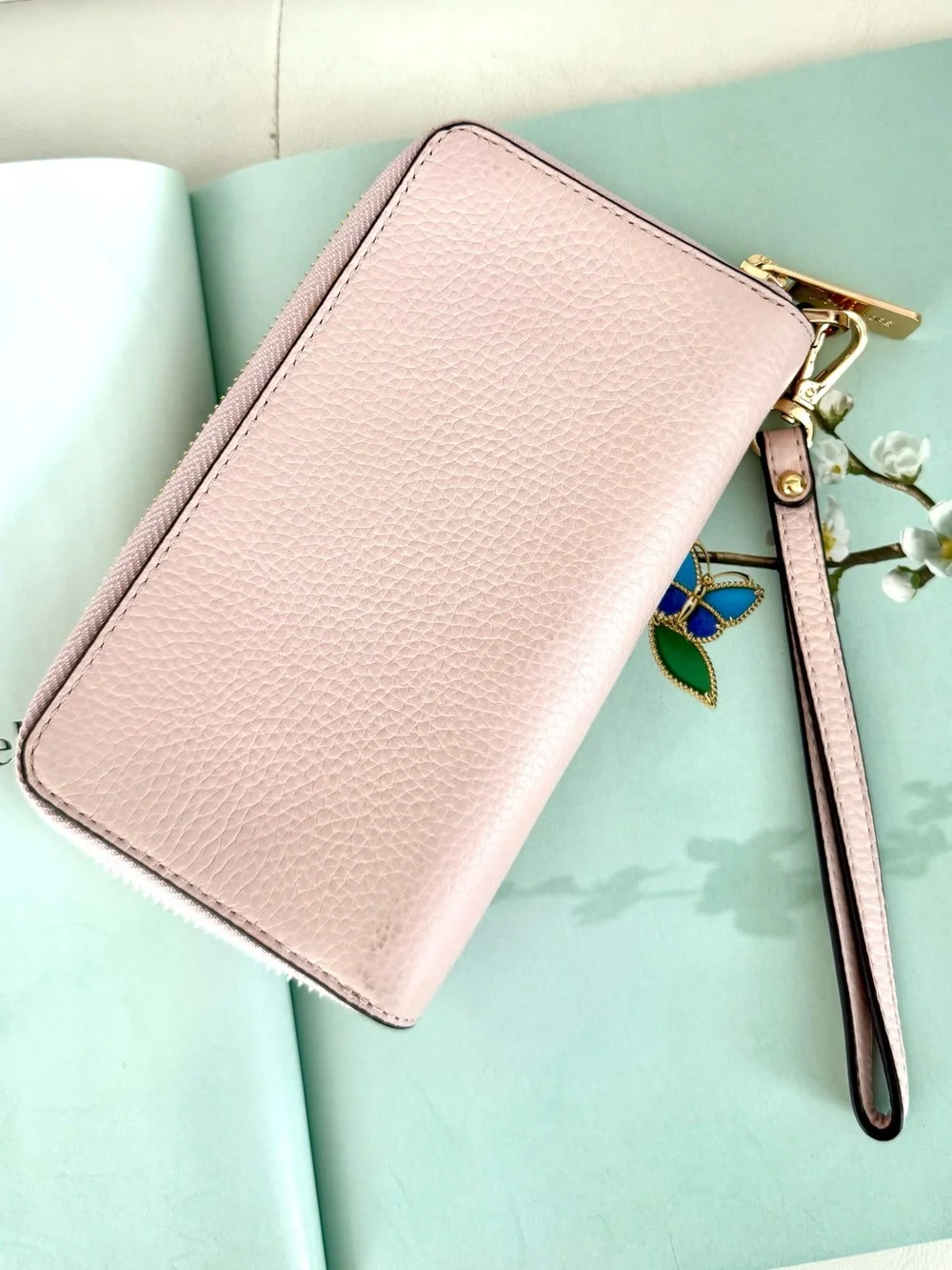 Michael Kors Light Pink Pebbled Leather Zip Wristlet Wallet with Gold Hardware